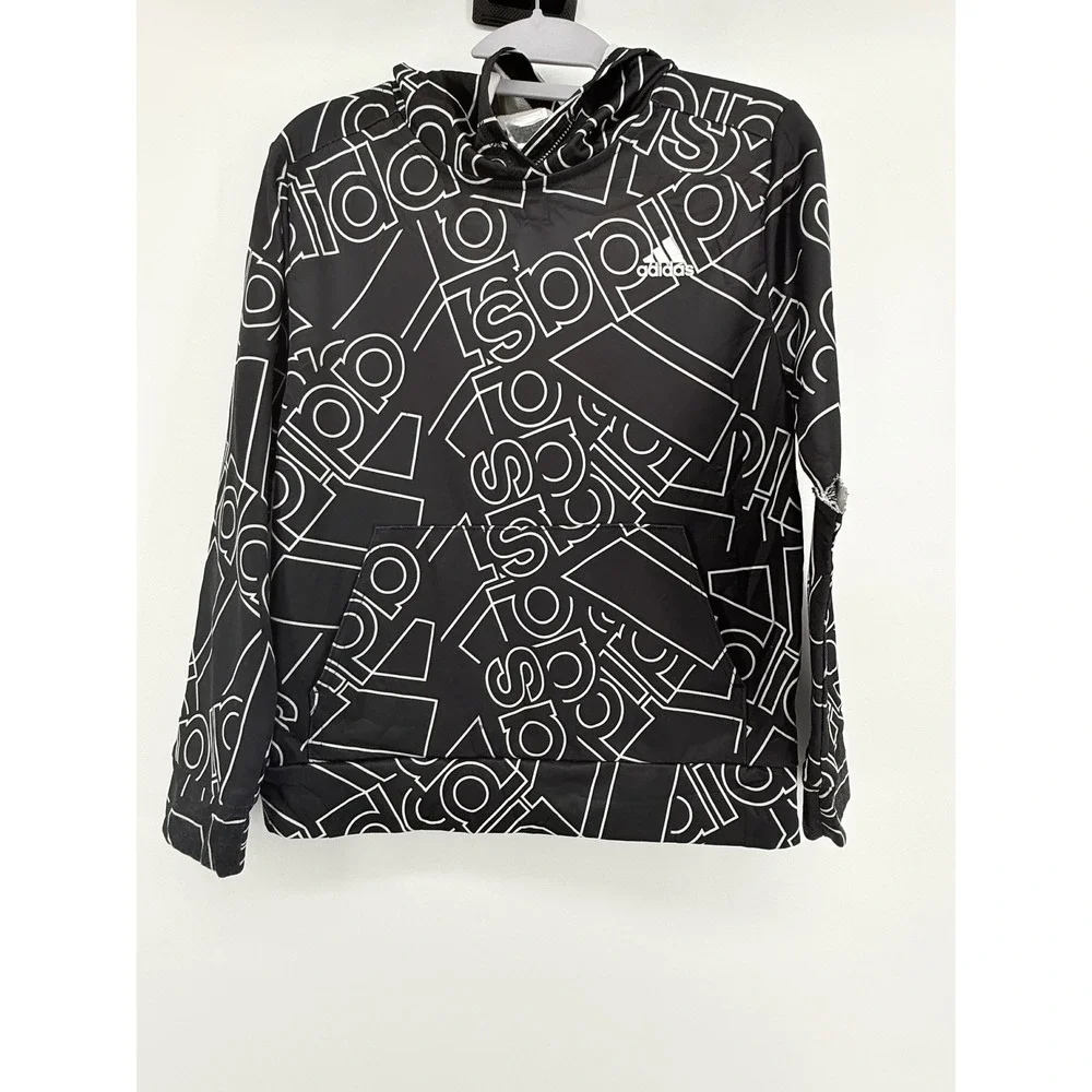 Adidas Hoodie Kids Large‎ Black White Pullover Sweatshirt Tear on Left Sleeve